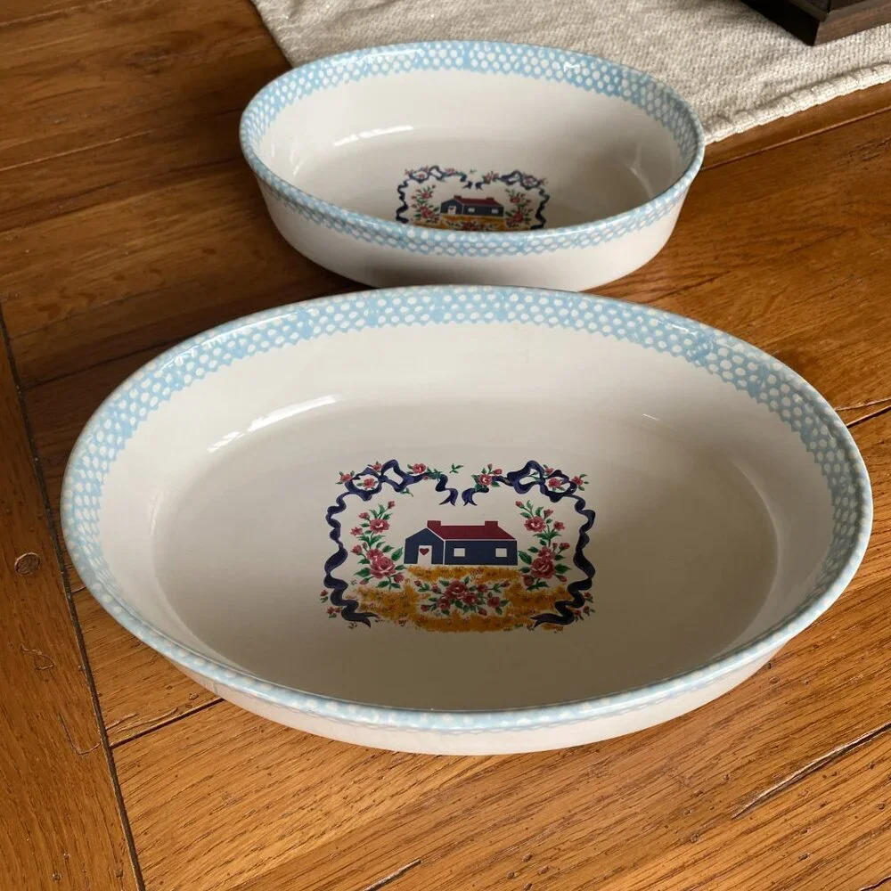 2 Teamson 1995 pottery vintage light blue and white stoneware casserole dishes